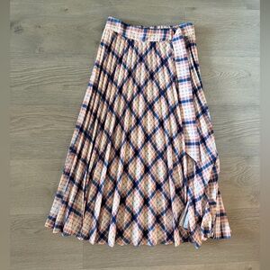 Topshop Pink & Navy Plaid Pleated Midi Skirt